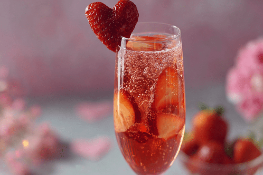A vibrant pink mimosa mocktail in a champagne flute, garnished with heart-shaped strawberries and festive bubbles — a non-alcoholic toast to love.