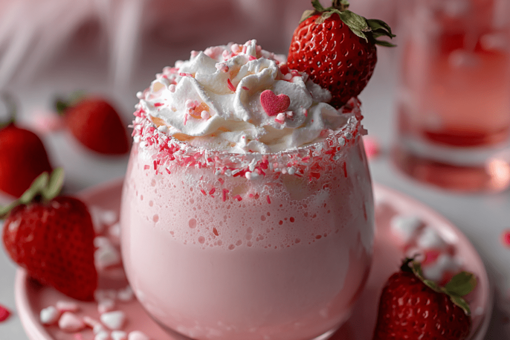 A soft pink mocktail in a martini glass, topped with whipped cream and heart sprinkles, perfect for Valentine’s Day or any sweet celebration.