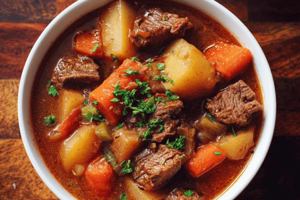 Hearty slow cooker beef stew with tender chunks of beef, carrots, potatoes, and peas in a rich brown gravy, served in a rustic bowl.