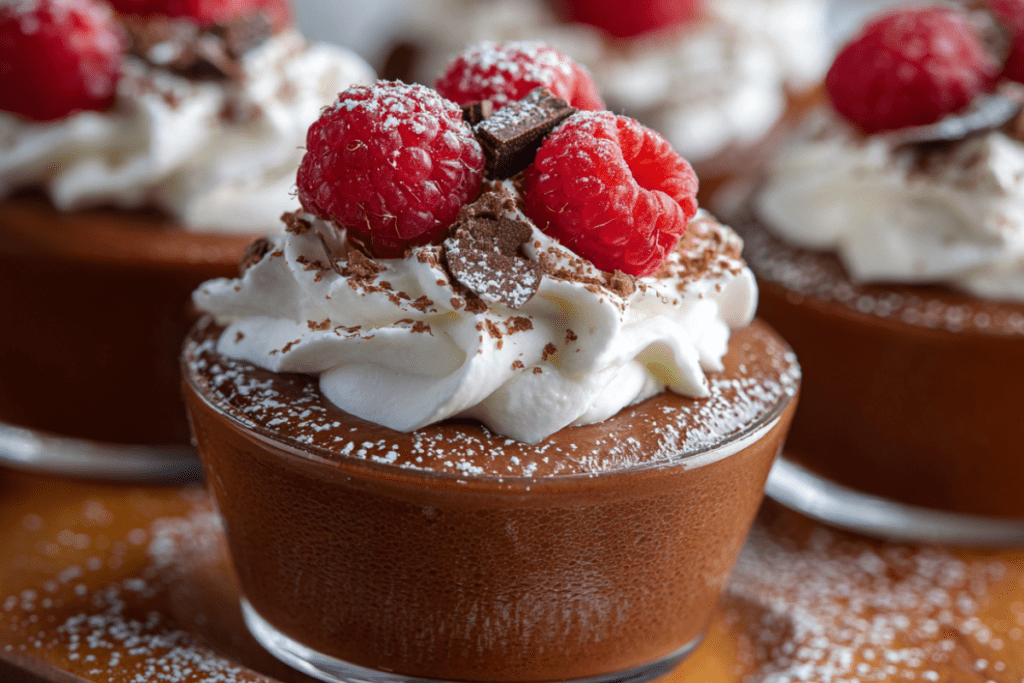 Elegant glass cups filled with rich, velvety chocolate mousse, topped with whipped cream and chocolate shavings – the perfect make-ahead dessert.