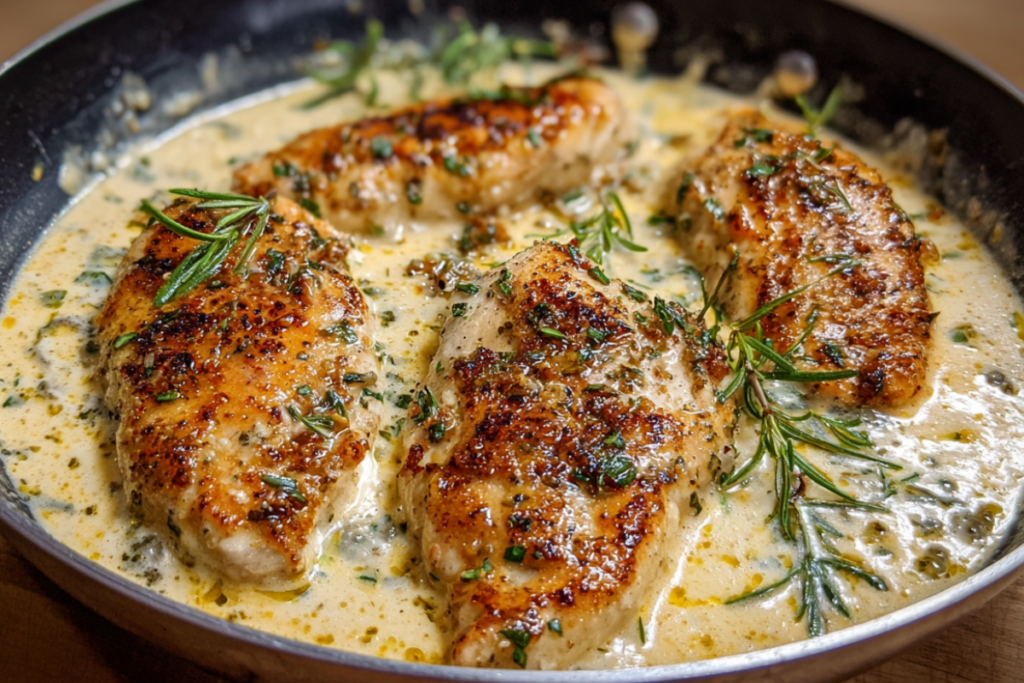 Skillet with creamy Marry Me Chicken in a sun-dried tomato sauce, garnished with herbs and served with mashed potatoes.