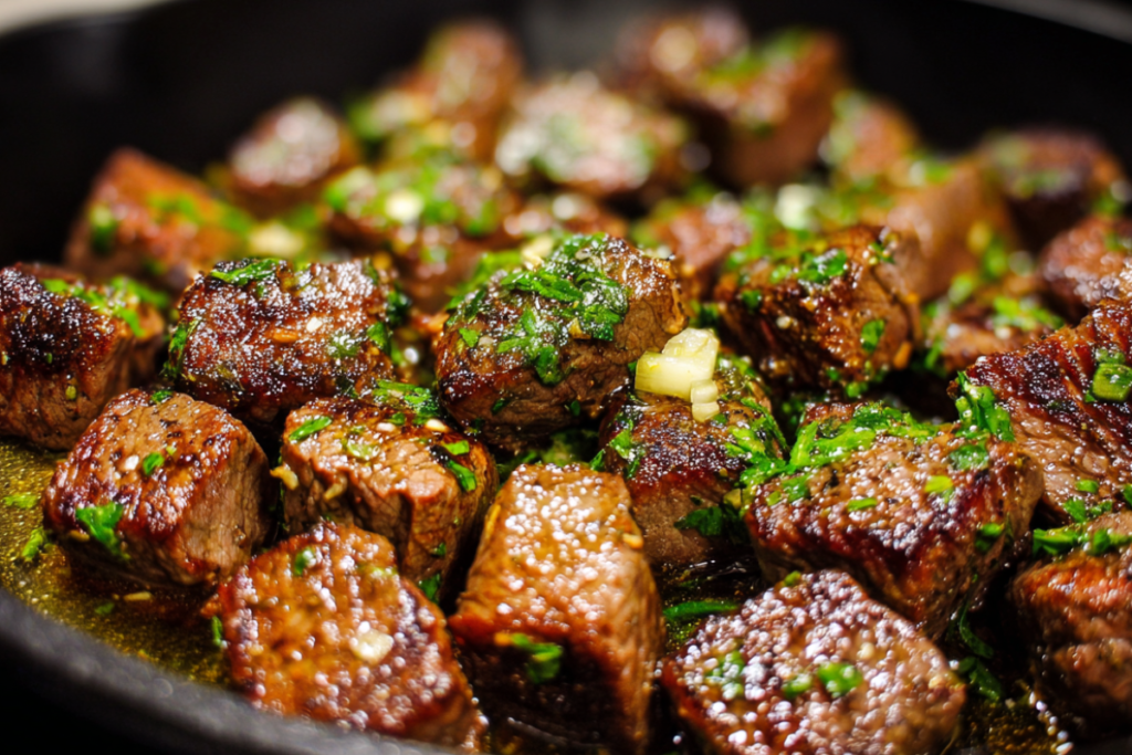 Tender garlic butter steak bites seared in a skillet, garnished with parsley and served with roasted potatoes.