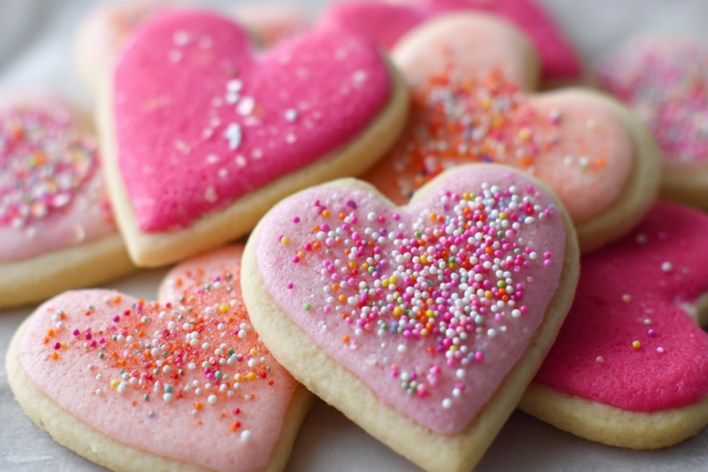 Decorated pink and red heart sugar cookies arranged on a festive plate, perfect for Valentine’s Day treats or sweet gift ideas.