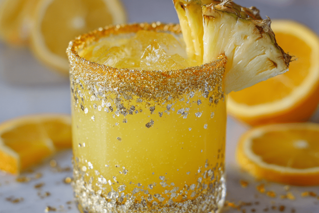 Golden Pot of Gold Mocktail in a glass with sparkling bubbles, gold sugar rim, and a rainbow candy garnish — a festive non-alcoholic party drink.