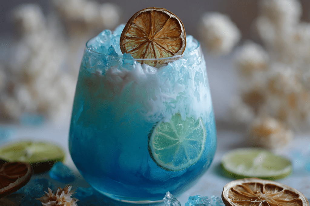 Vibrant blue Winter Blues Mocktail served in a frosted glass with lemon slices and sparkling bubbles — a bright, non-alcoholic drink for cold days.