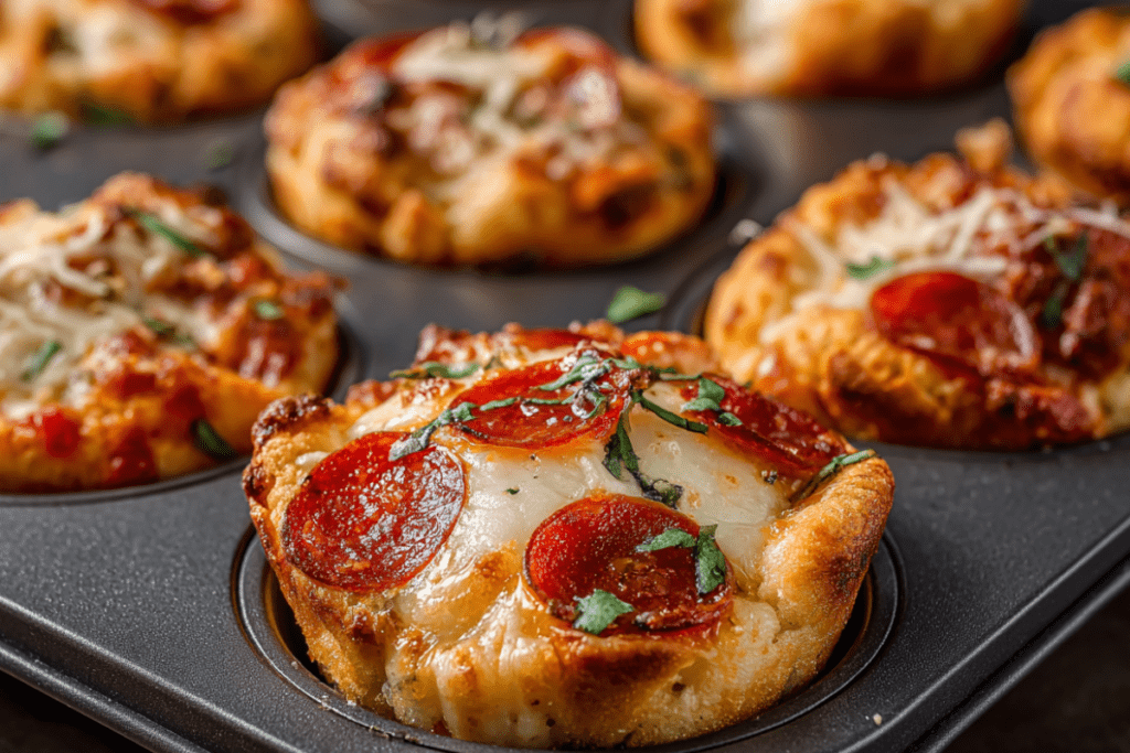Golden muffin pan pizza cups topped with melted cheese and pepperoni, served as bite-sized appetizers or fun snacks.