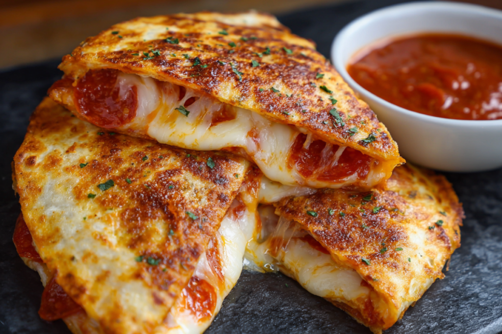 Overhead view of golden pepperoni pizza quesadillas cut into triangles and served with marinara sauce on the side.